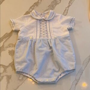 Sarah Louise smocked Blue and White Baby Romper 18 months